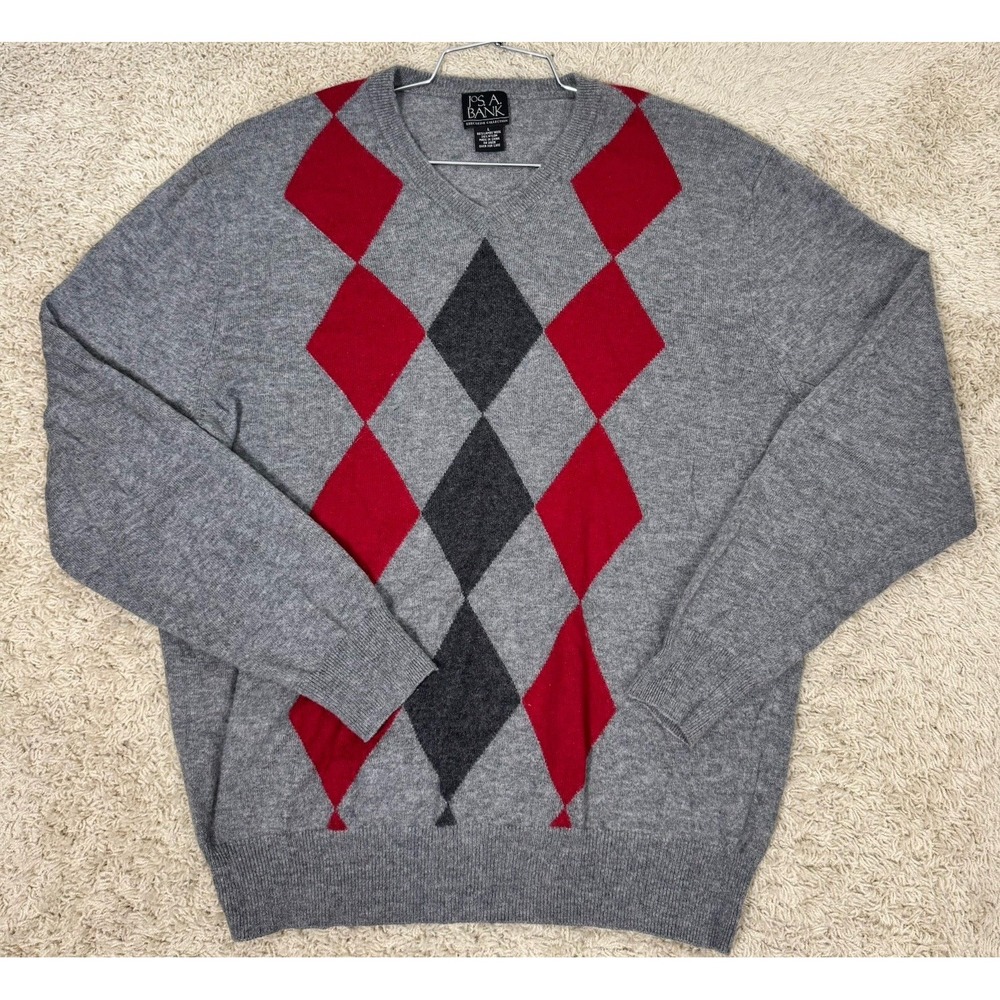 Jos A Bank Gray Lambswool V-Neck Argyle Pullover Sweater Size L Preppy‎ Career